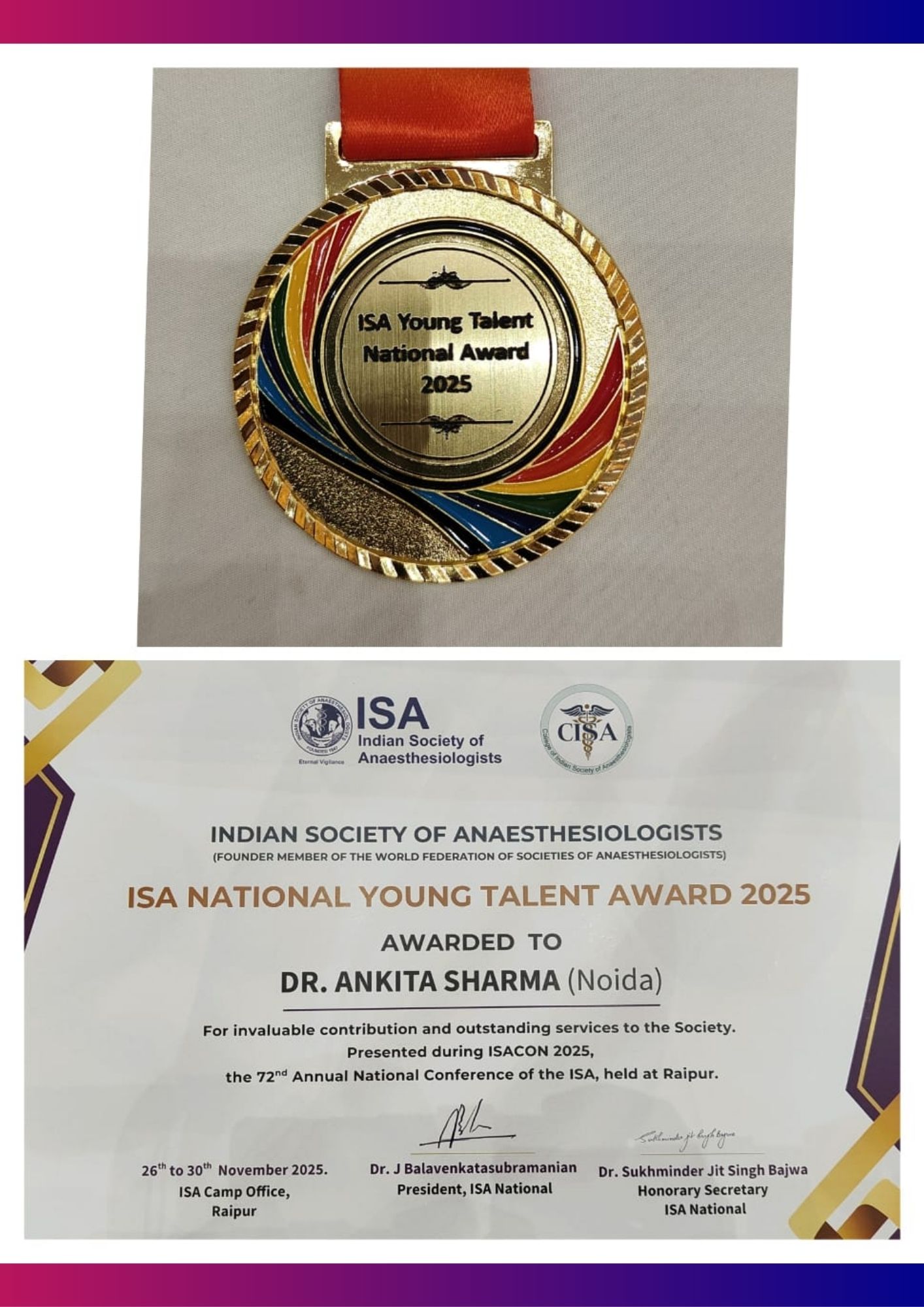 ISA UP State - Achievement ISA National Young Talent Award to Dr Ankita Sharma